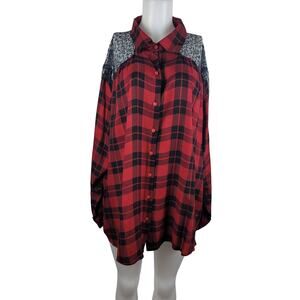 Roman's Red Plaid Flannel Lace Women Button Down Winter Blouse 24W
